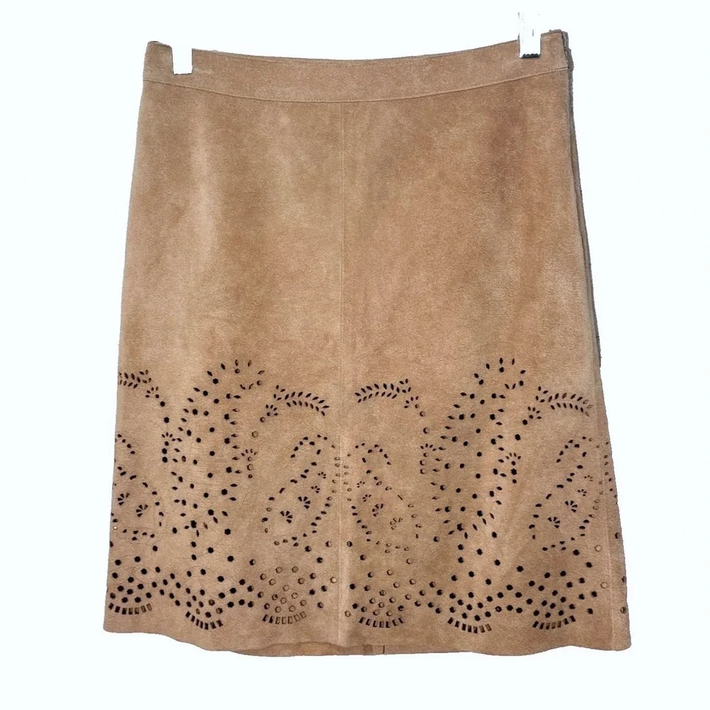Theory Tan Suede Leather  Cut Out Skirt Size 2 Coastal‎ Cowgirl Festival Rodeo